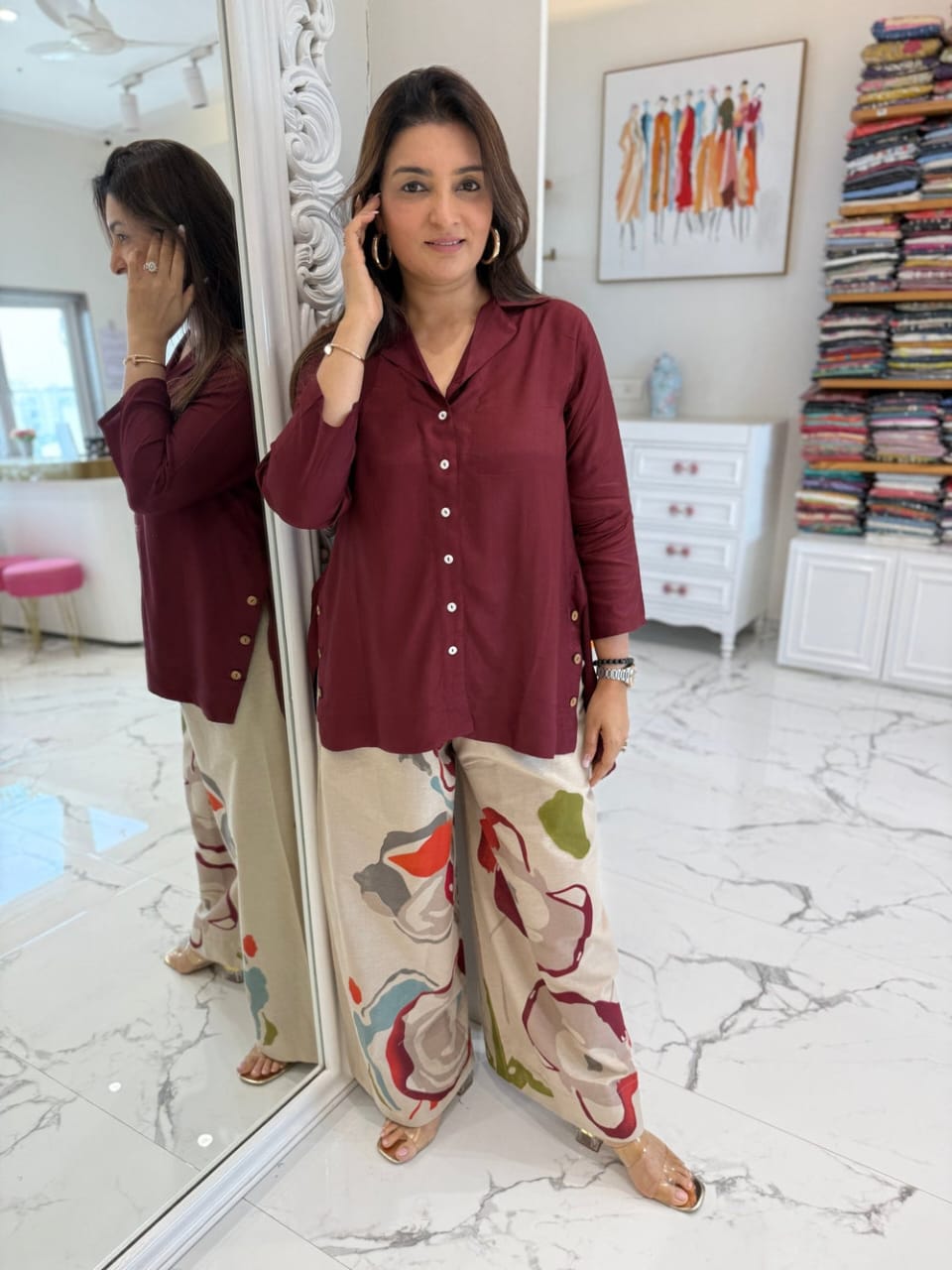 Wine Button-Down Tunic with Abstract Print Palazzo Pants