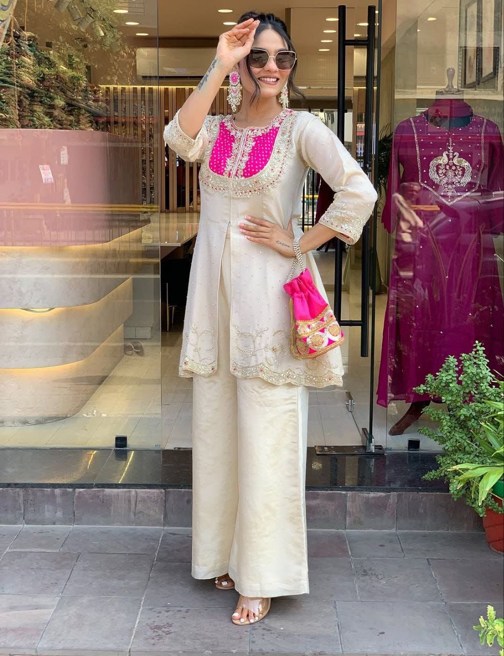 Ivory & Fuchsia Embroidered Tunic Palazzo Set