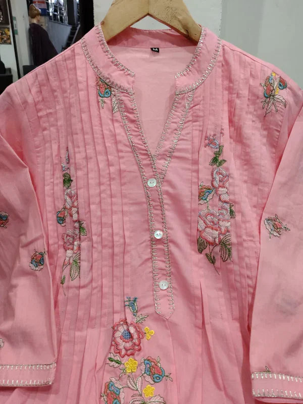 Baby Pink Mulmul Cotton Floral Printed A-Line Kurta Set with Palazzo